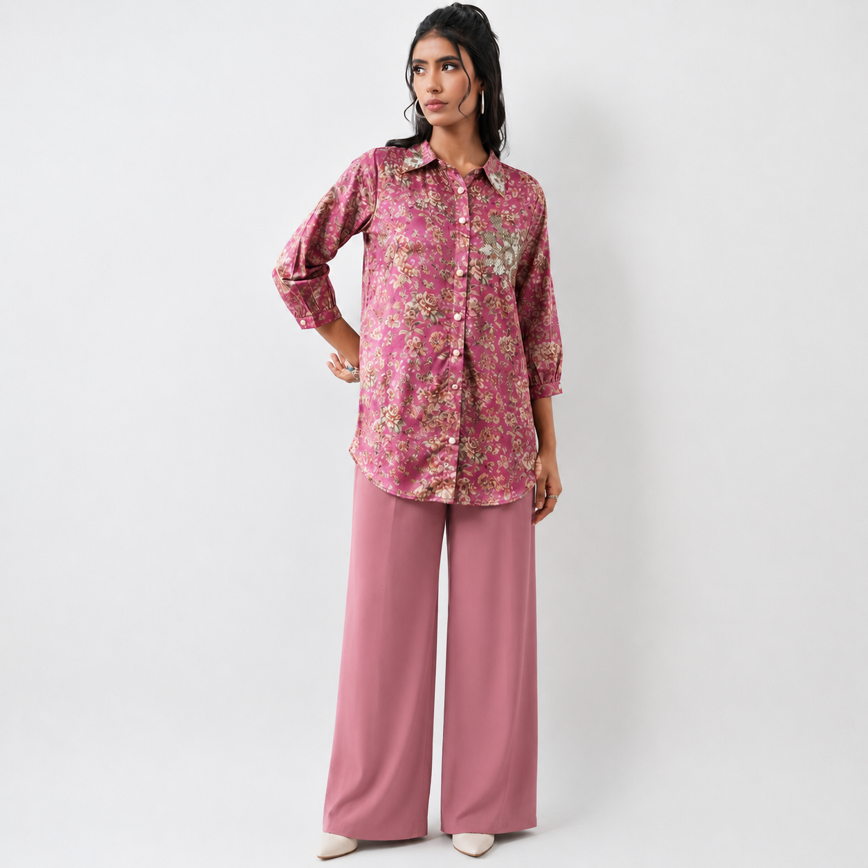 Pink Floral Satin Shirt